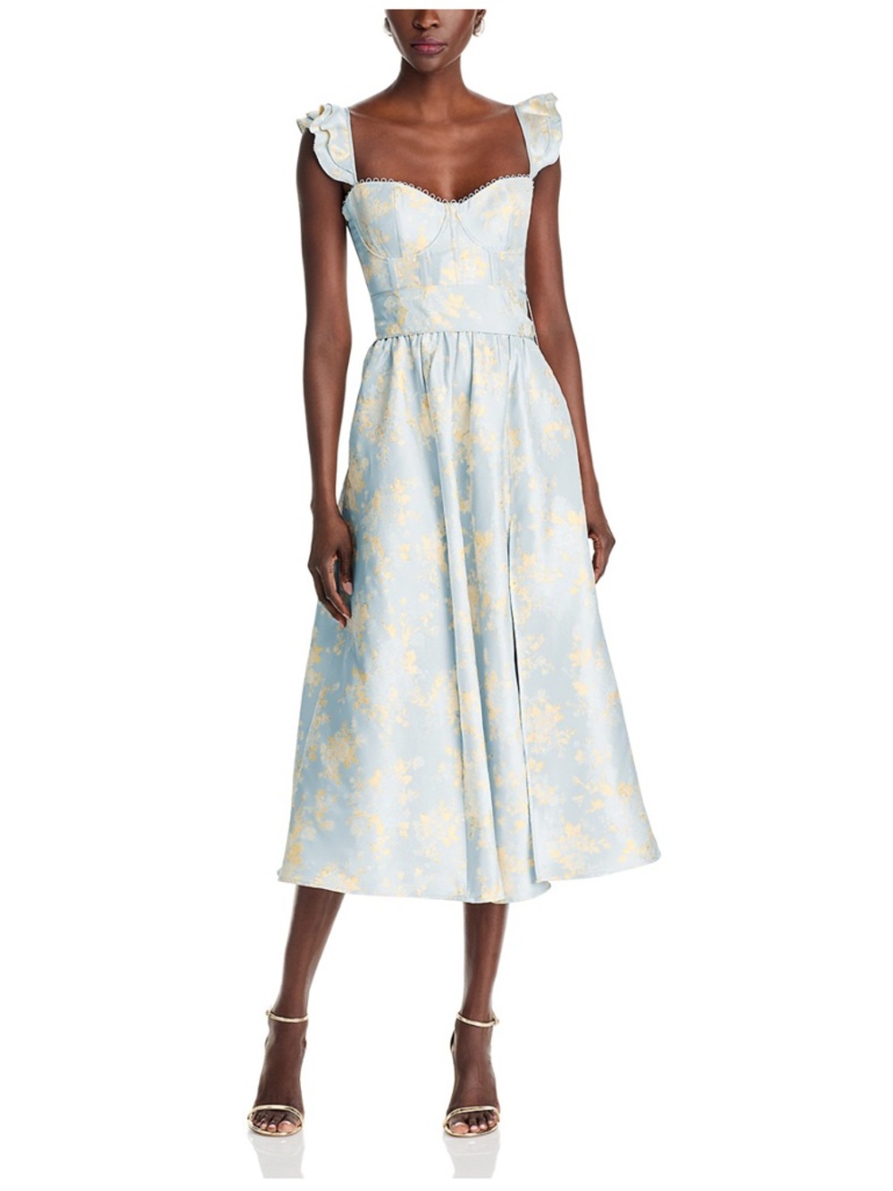 V. Chapman Vera Pale Blue and Gold Floral Midi Dress